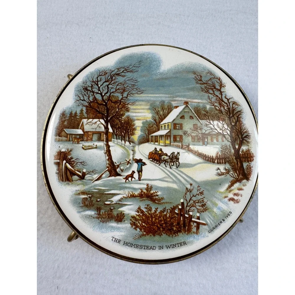 Vintage Currier & Ives Set of 2 Footed Trivets 6